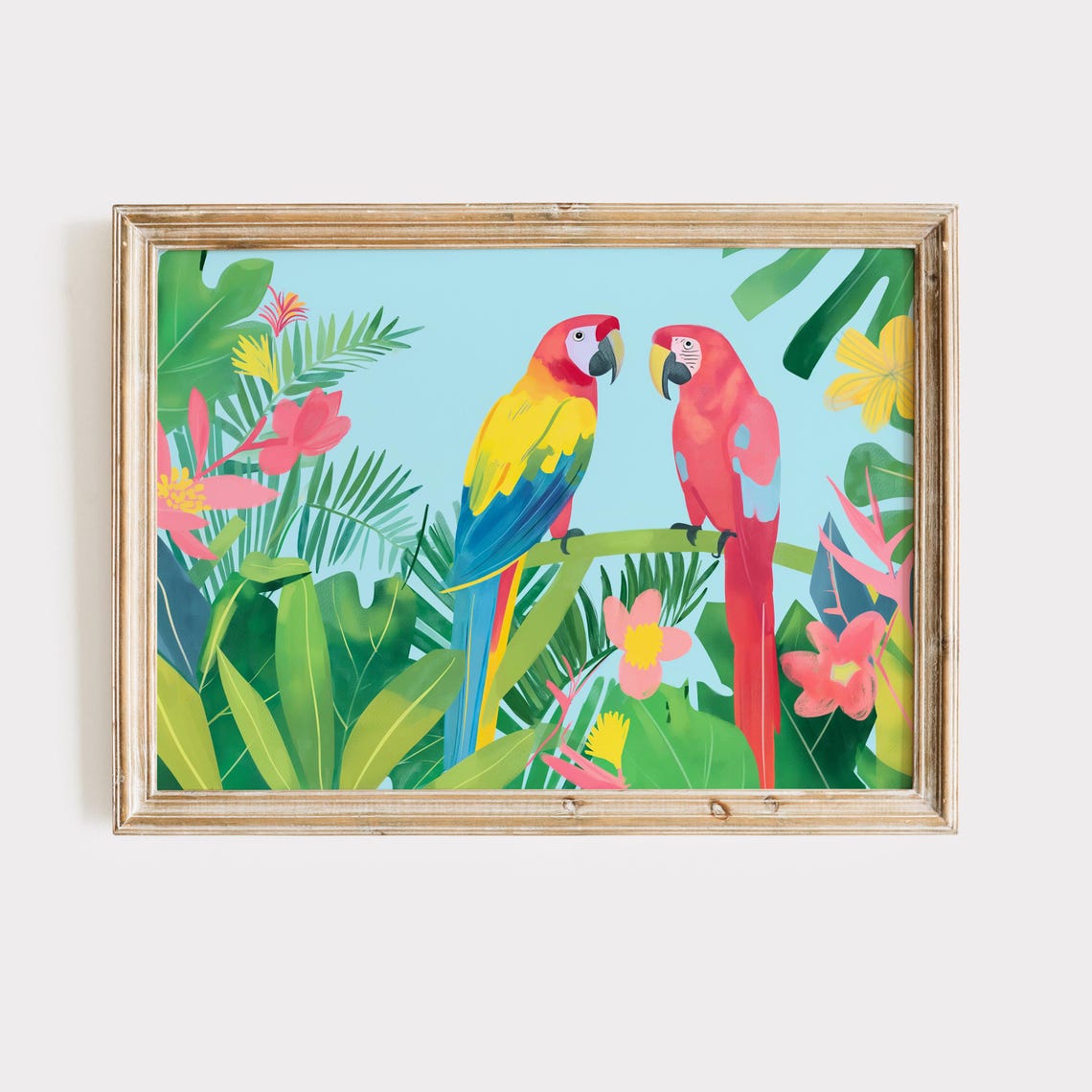 Two Colorful Macaws in a Tropical Jungle Floral Bird Art Poster
