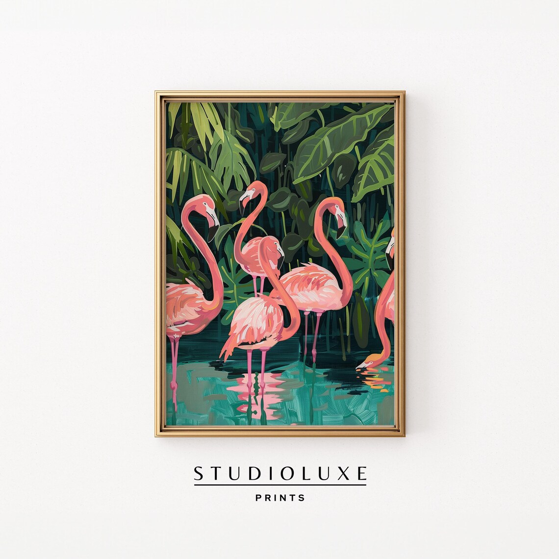 Pair of Pink Flamingos Wading in Tropical Jungle Water Poster