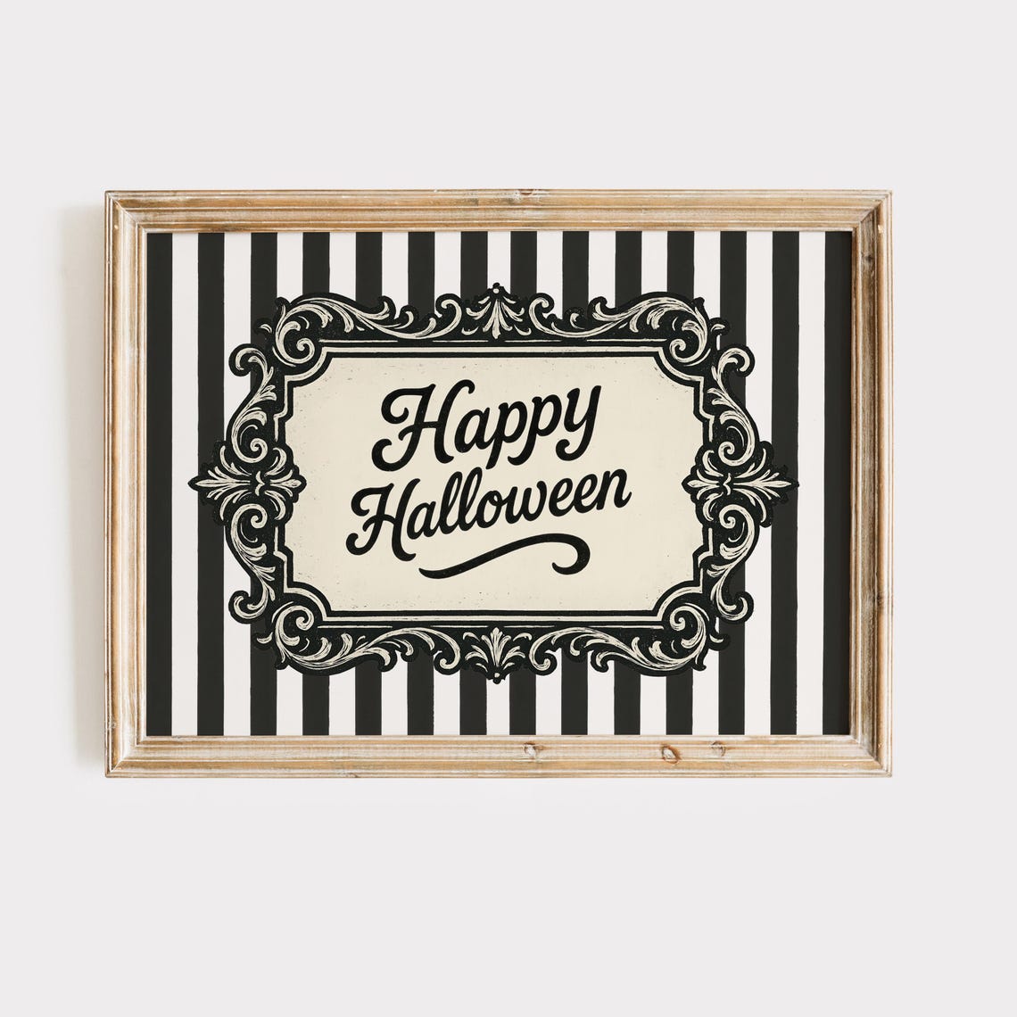 Happy Halloween Script Black White Stripe Baroque Frame Wall Art