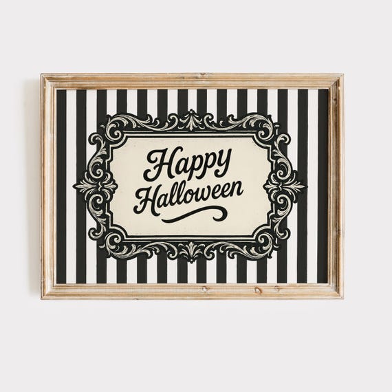 Happy Halloween Script Black White Stripe Baroque Frame Wall Art
