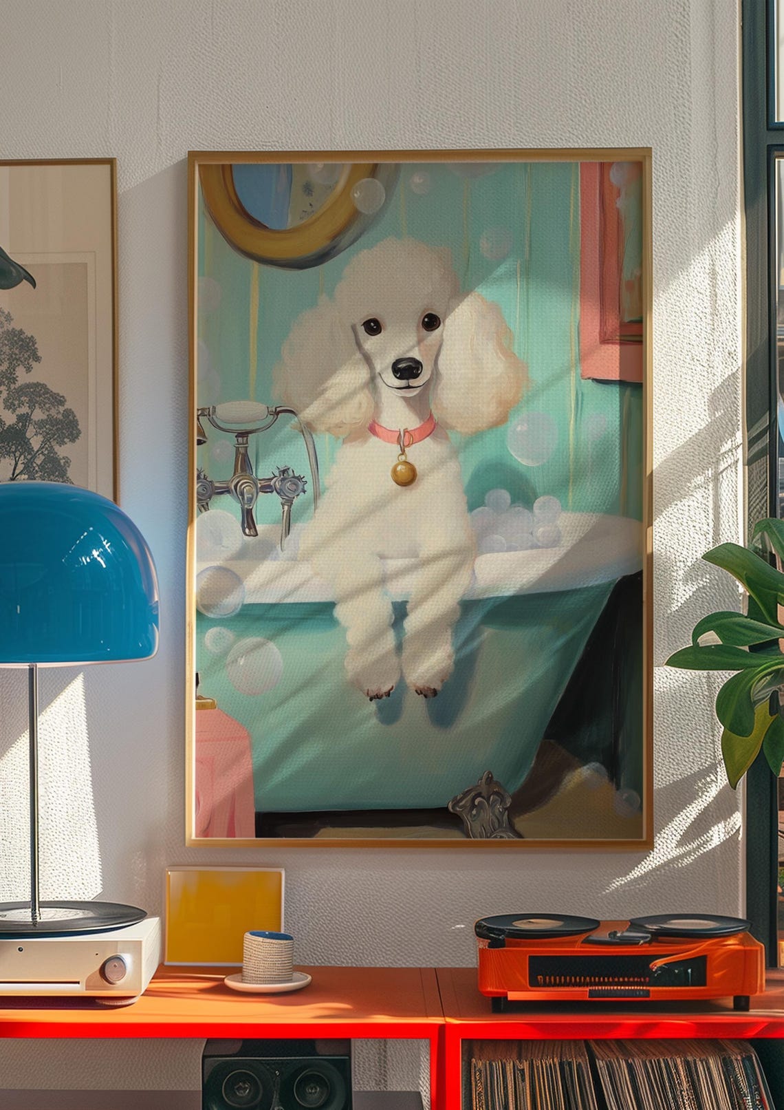 White Poodle Soaking in a Bubble Bath Cute Dog Bathroom Poster