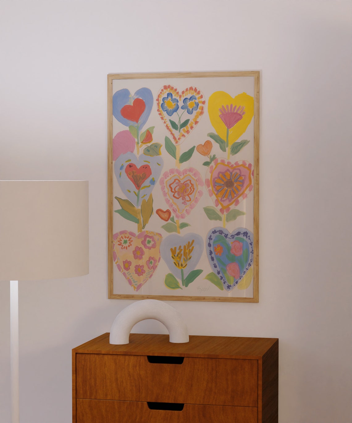 Folk Art Hearts Blooming with Flowers Colorful Grid Art Poster
