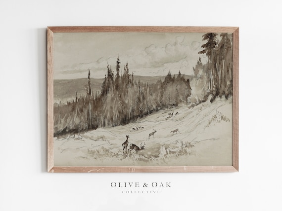 Rustic Landscape Deer Painting, Cabin Decor Art Print