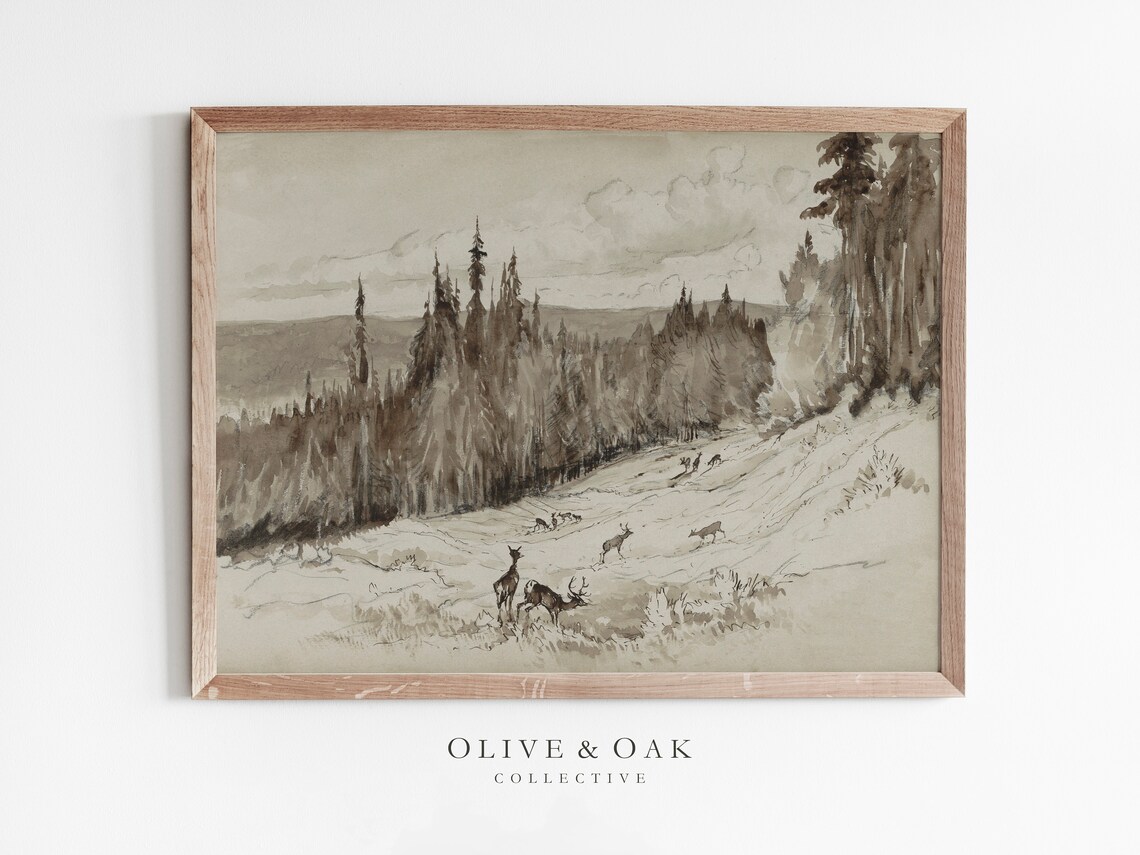Rustic Landscape Deer Painting, Cabin Decor Art Print