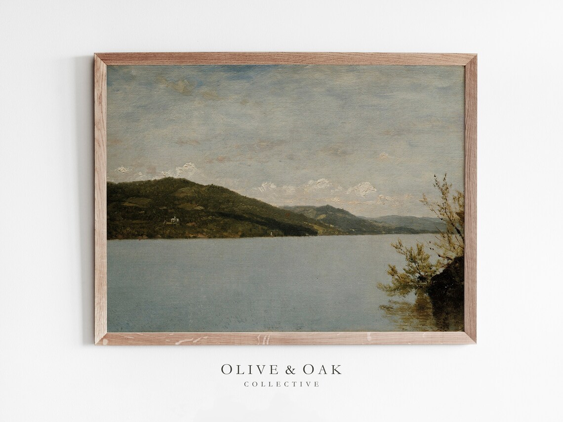 Vintage Lake Landscape Painting, Rustic Decor Art Print