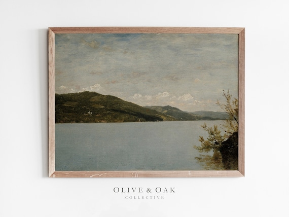 Vintage Lake Landscape Painting, Rustic Decor Art Print