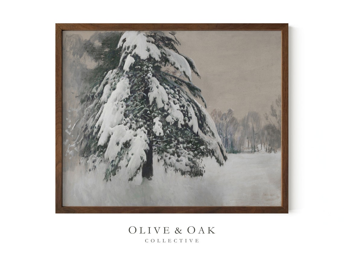 Vintage Winter Landscape Print Snowy Tree Painting Cozy Decor Printed Or Framed 360 M - Image 2