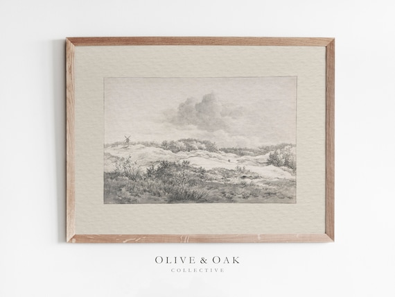 Rustic Landscape Drawing, Vintage Neutral Sketch Art Print