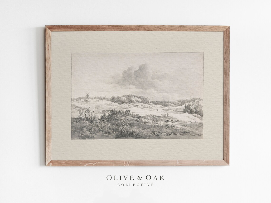 Rustic Landscape Drawing, Vintage Neutral Sketch Art Print