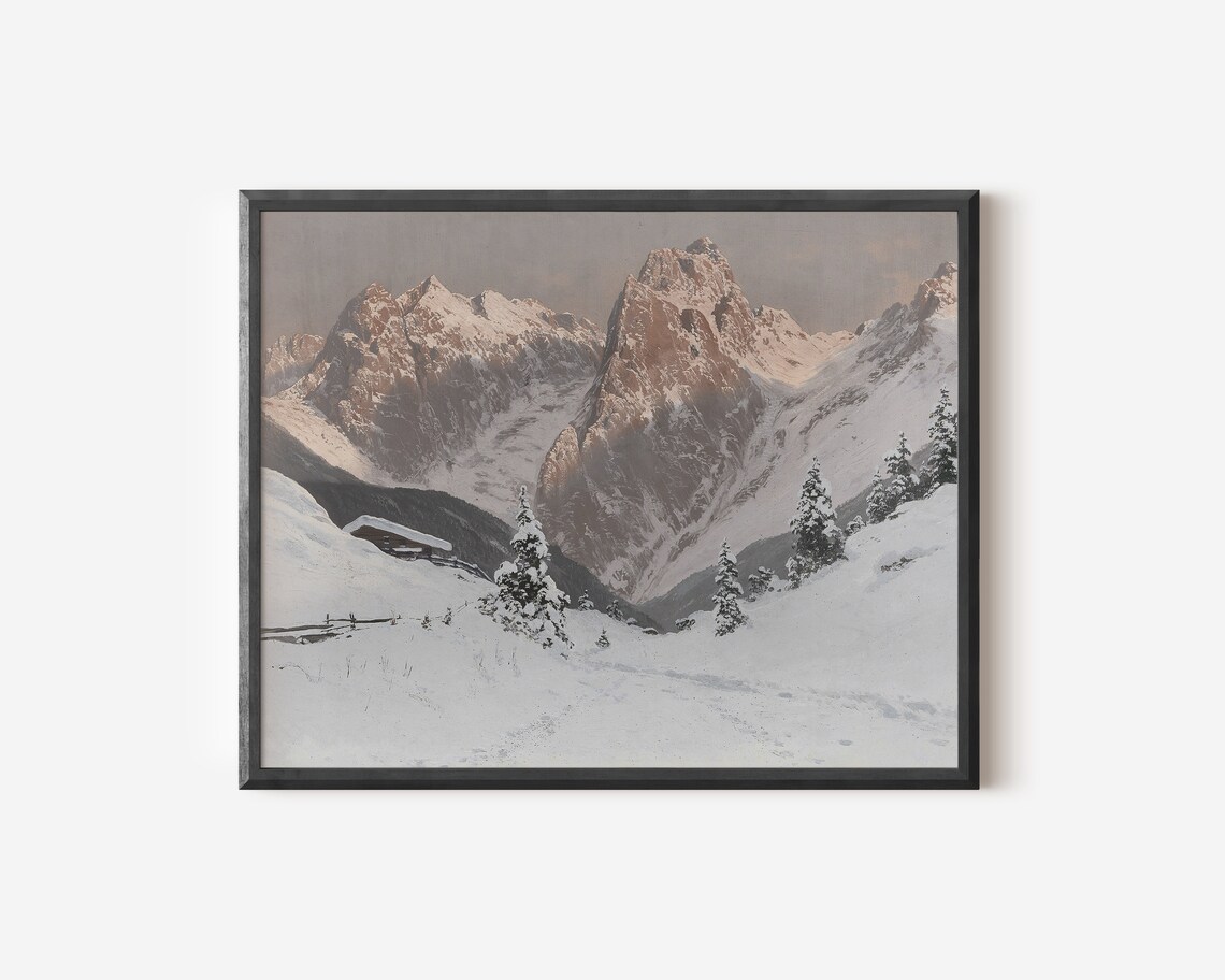 Winter Snow Landscape Painting, Cozy Cabin Decor Art Print - Image 2