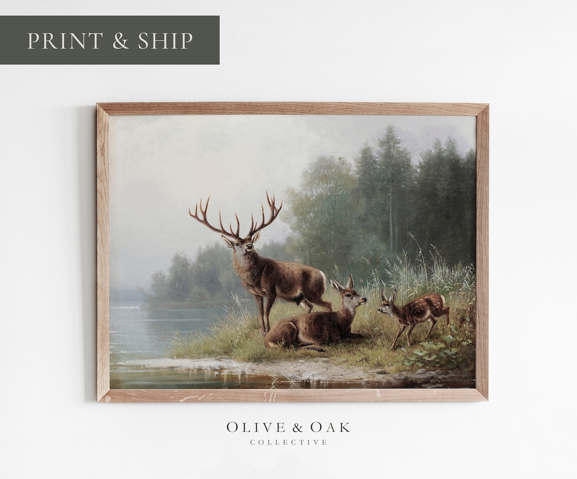 Deer Landscape Painting, Hunting Cabin Decor