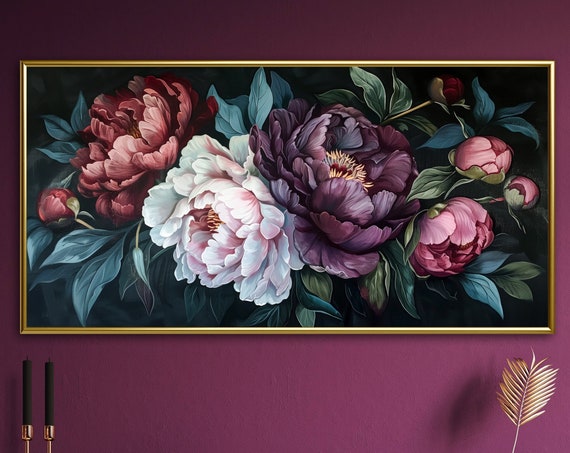Peony Bouquet Botanical Art Print, Dark Academia