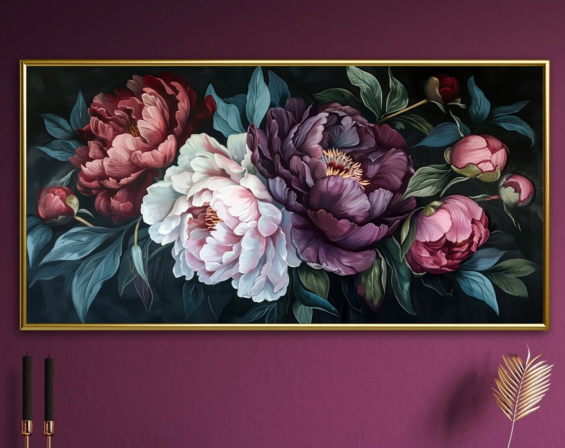Peony Bouquet Botanical Art Print, Dark Academia