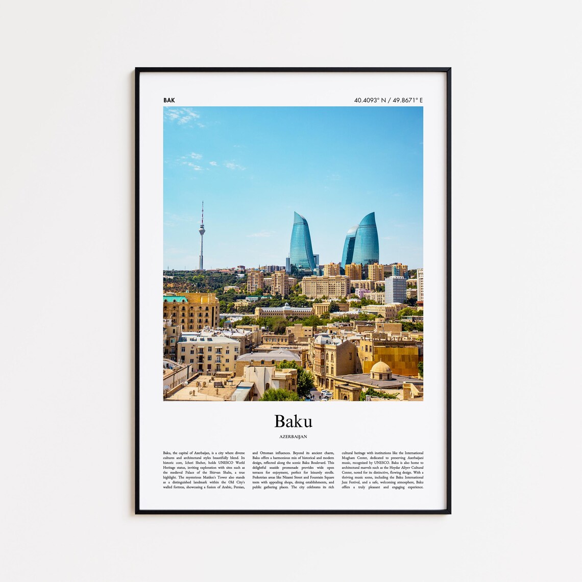 Baku Azerbaijan Flame Towers Old City Skyline Color Photo Poster