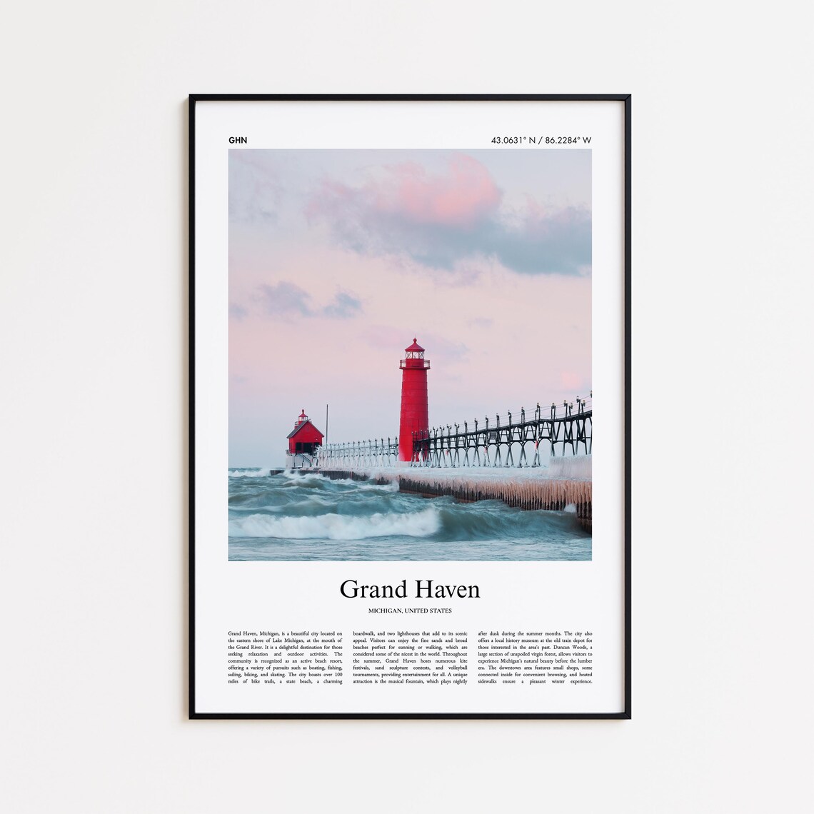 Grand Haven Michigan Red Lighthouse Pier Lake Travel Photo Poster