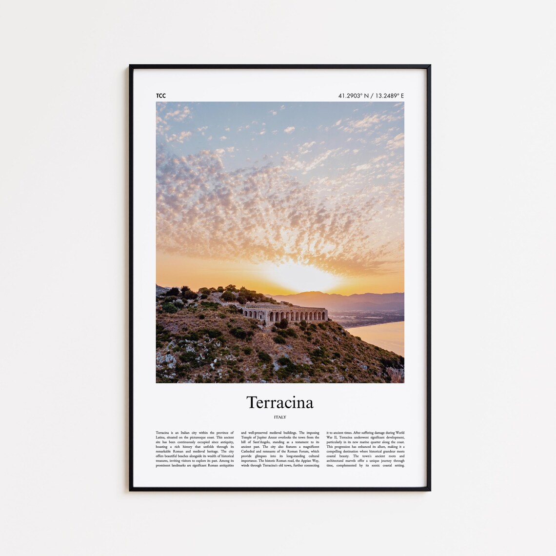 Terracina Italy Roman Ruins Hilltop Sunset Ancient Coast Travel Poster