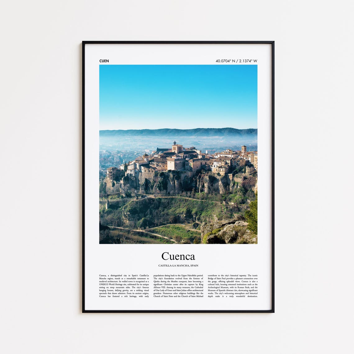 Cuenca Spain Cliff Top Walled City Minimal Travel Photo Poster