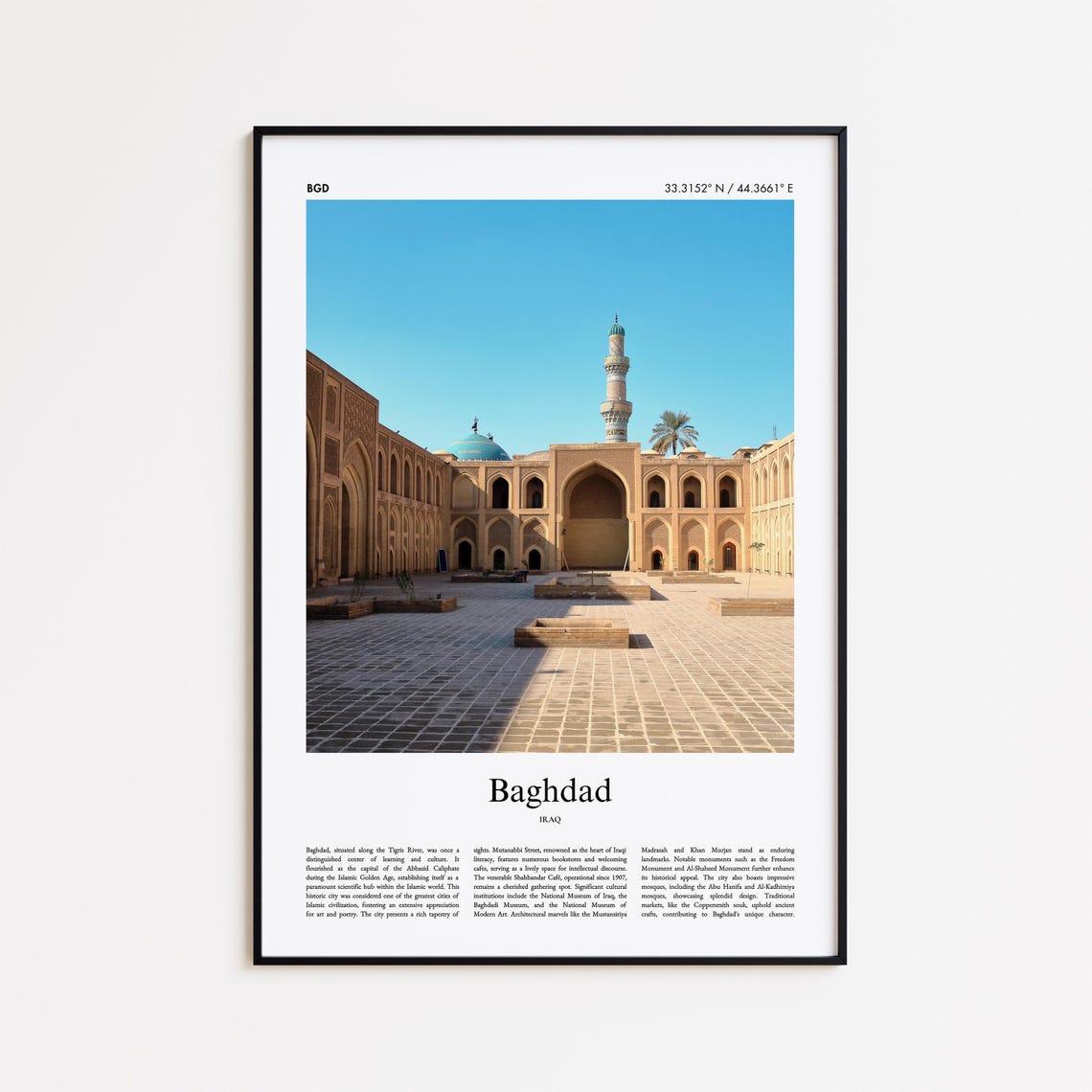 Baghdad Iraq Historic Mosque Courtyard Blue Dome and Minaret Poster