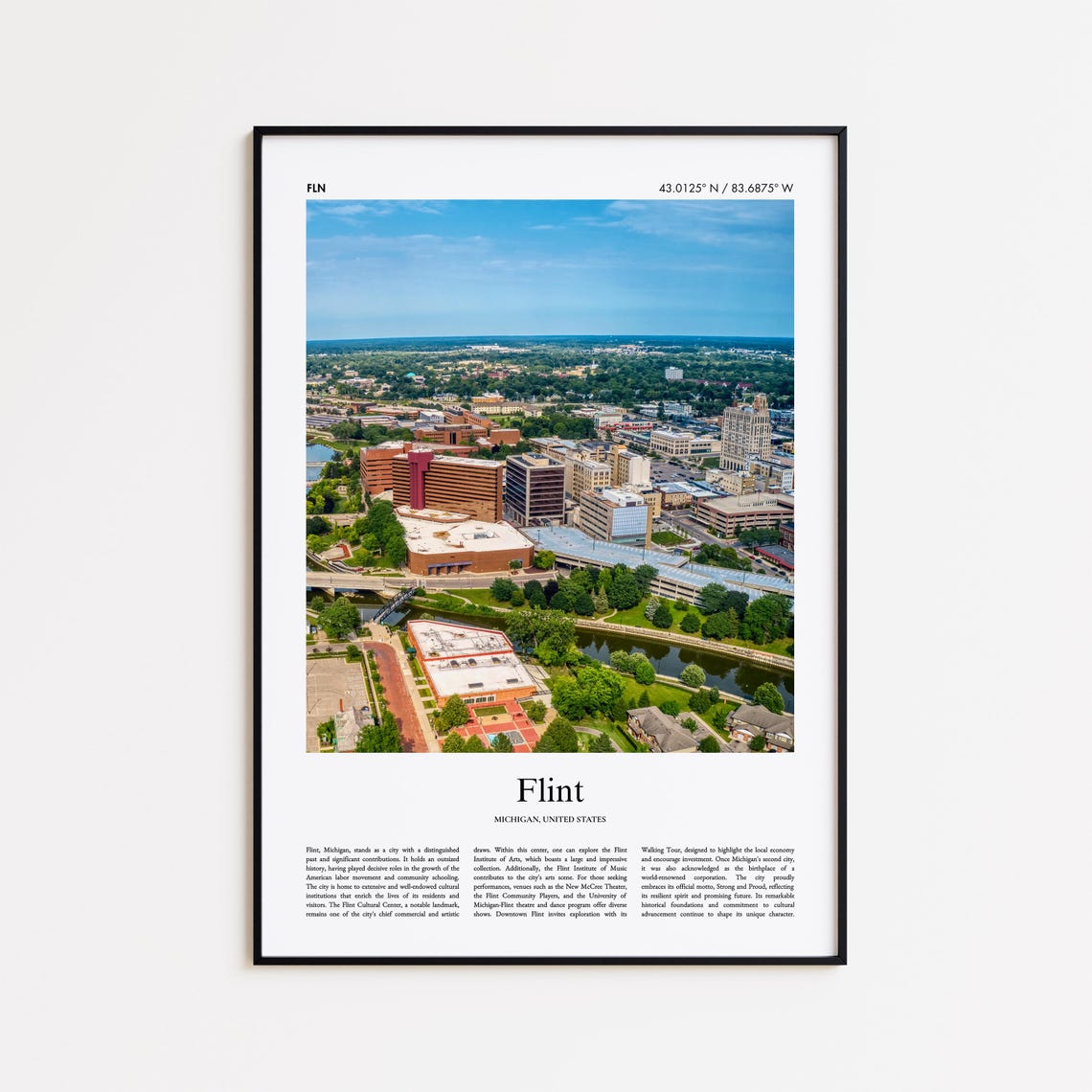 Flint Michigan Downtown Aerial Skyline Riverfront View Travel Poster