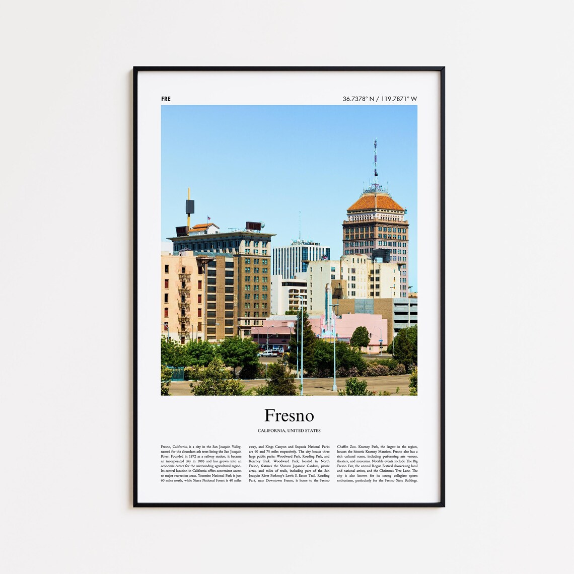 Fresno California Downtown Skyline City View Color Travel Photo Poster