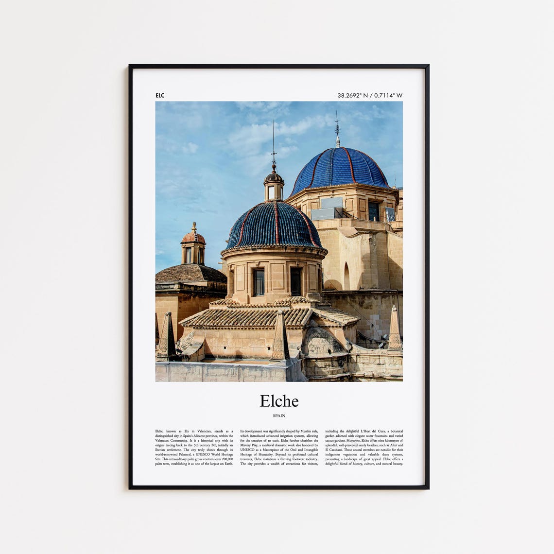 Elche Spain Blue Tiled Domes Minimal City Travel Photo Poster