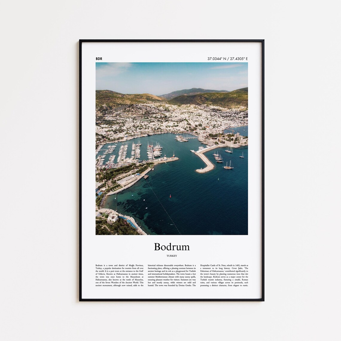 Bodrum Turkey Color Photo Marina Harbor Travel Poster with Coordinates