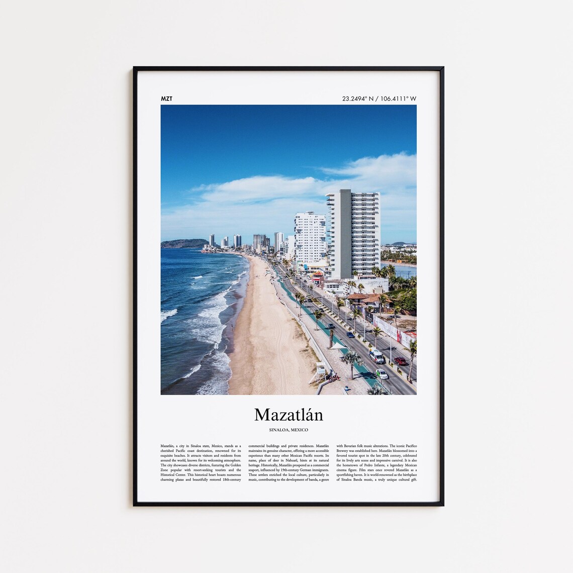 Mazatlan Travel Poster, Minimal City Print