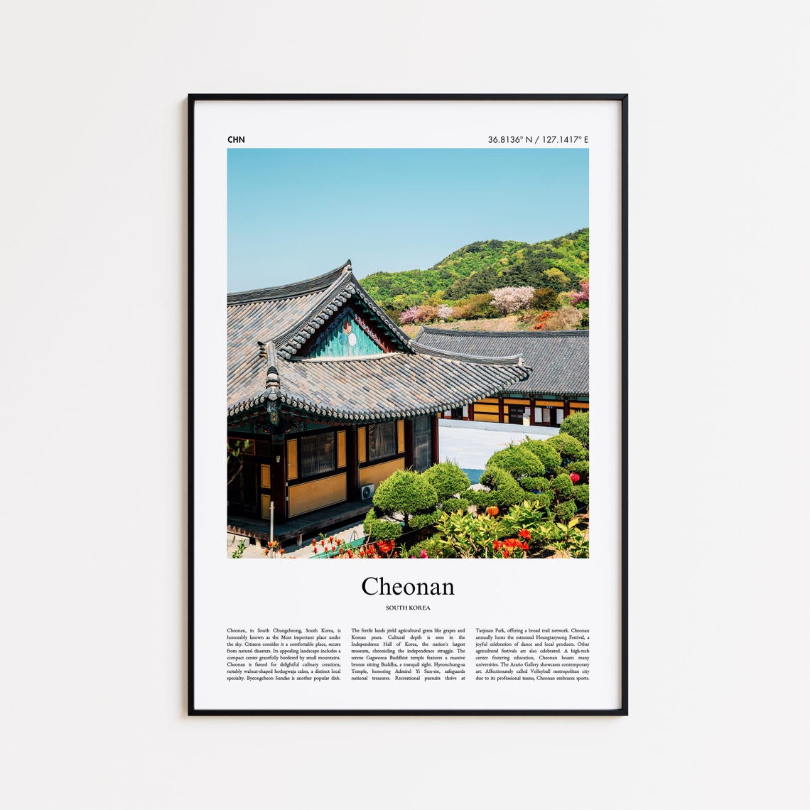 Cheonan South Korea Traditional Temple Roofs Minimal Travel Poster