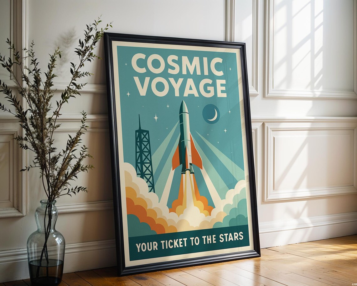 Retro Space Age Rocket Poster, Mid-Century Futuristic