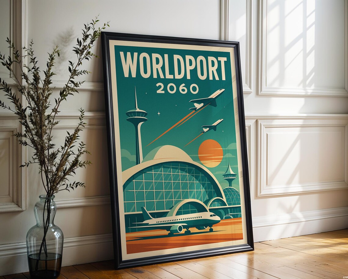 Worldport 2060 Retro Futuristic Airport Terminal Travel Poster
