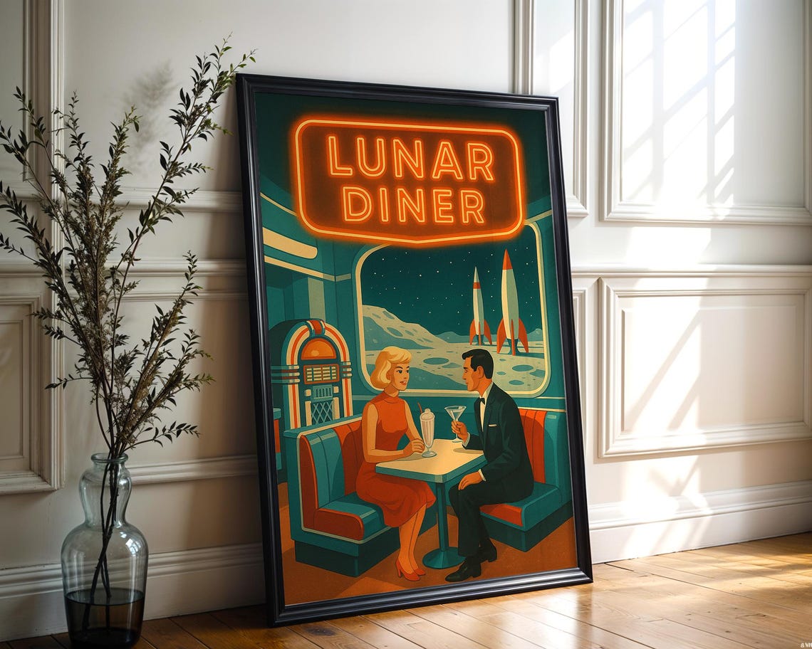 Lunar Diner Retro Space Age Midcentury Couple On The Moon Poster