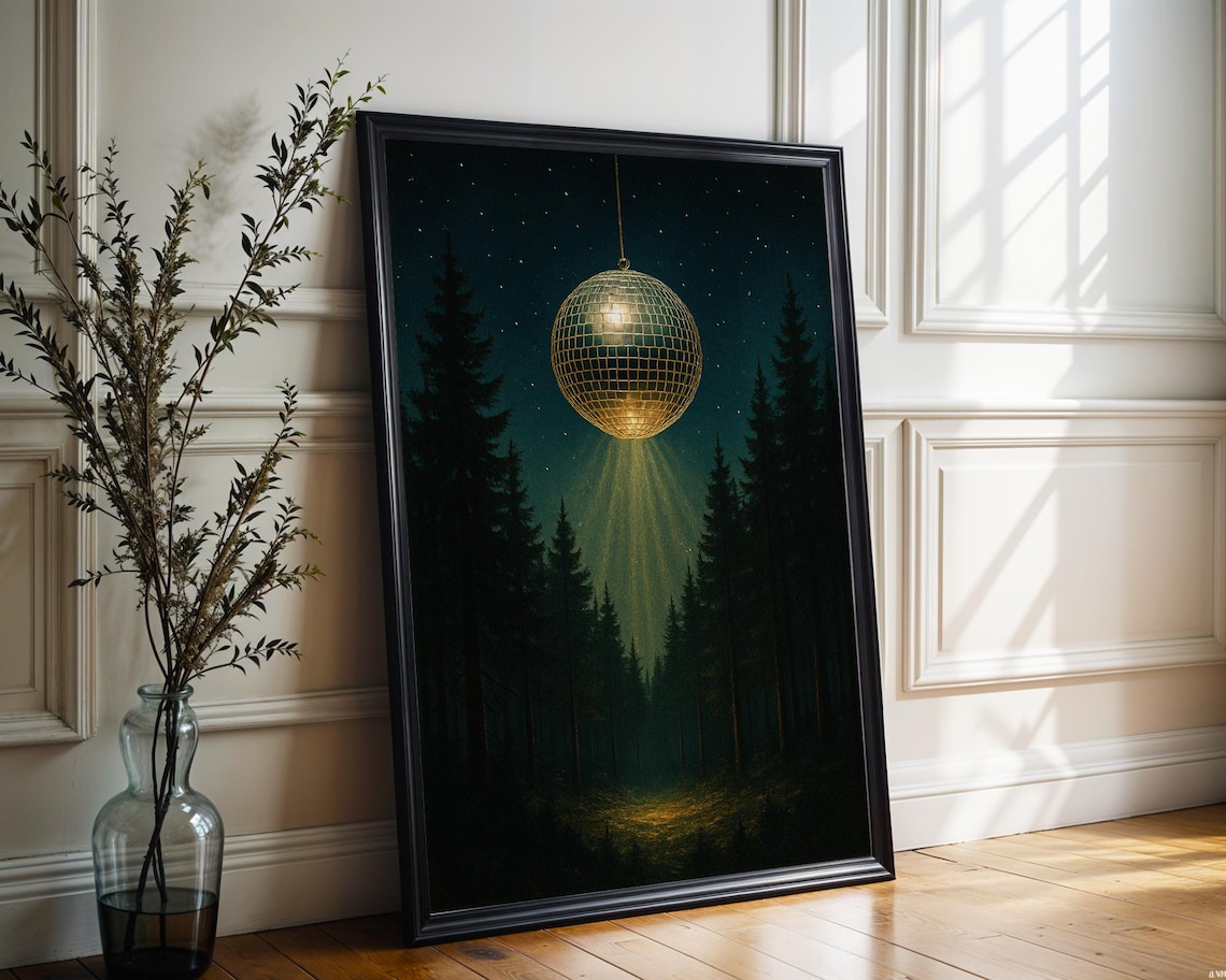 Surreal Disco Ball Forest Poster Print, Retro Futurist Glam