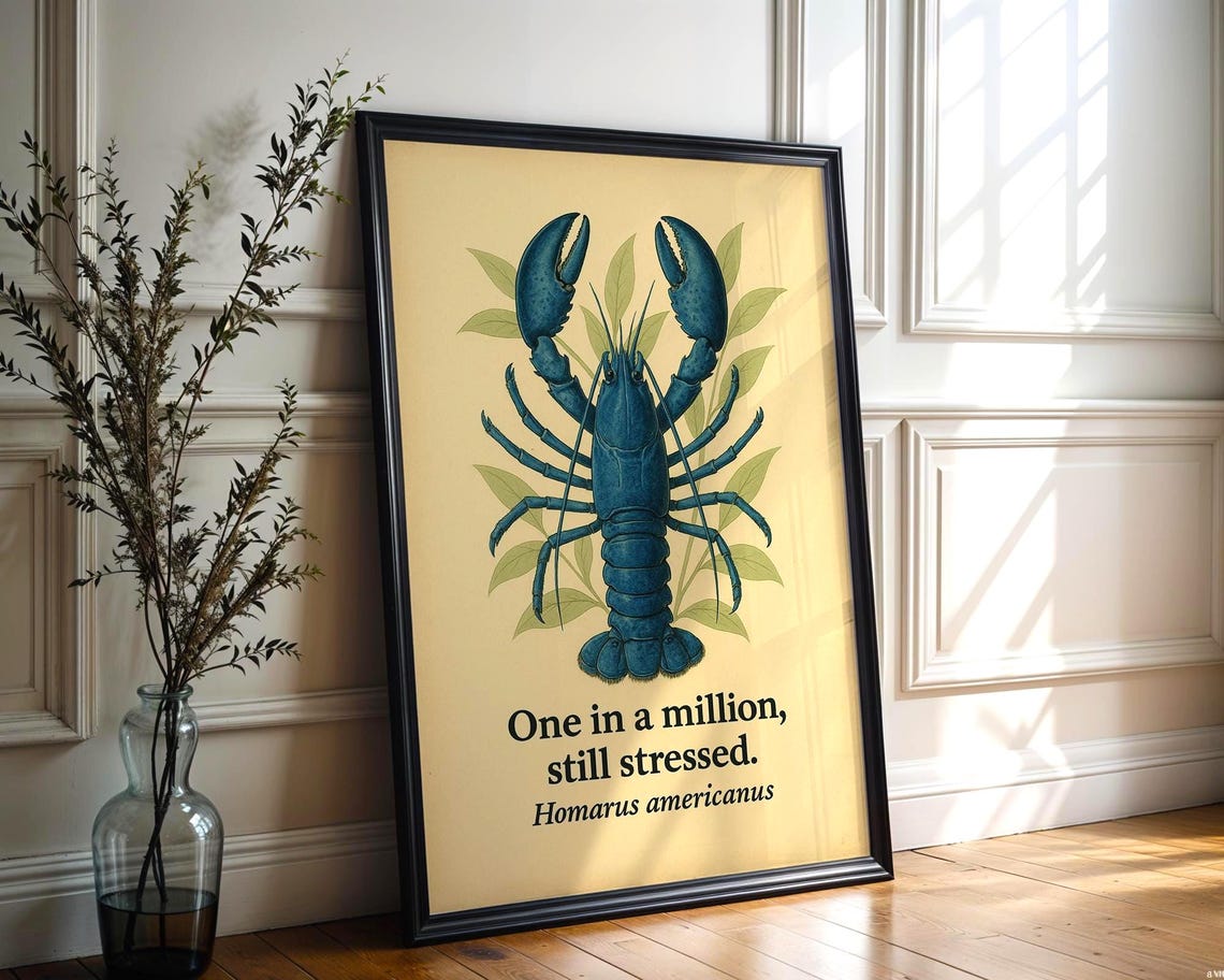 Blue Lobster Vintage Botanical Art Print Witty Natural History