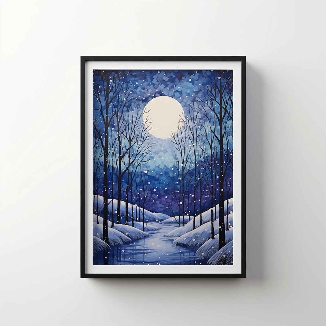 Winter Night Forest Under Full Moon Snow Landscape Art Poster