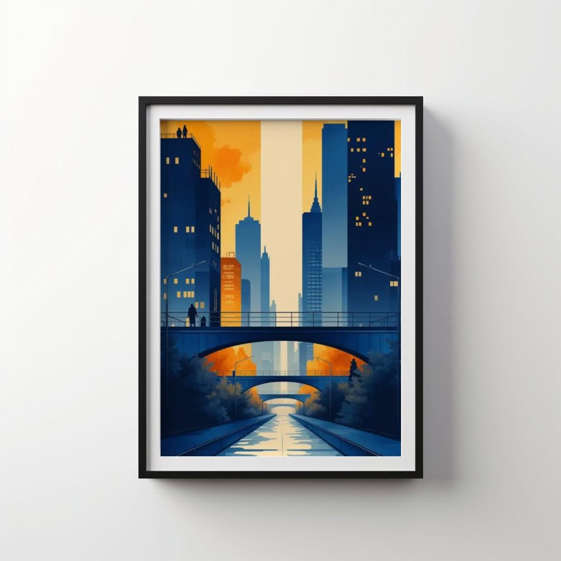 Sunset City Bridges Skyline Silhouette Urban Landscape Poster