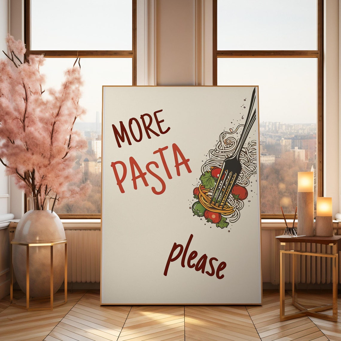 More Pasta Please Spaghetti Fork Illustration Kitchen Fun Poster