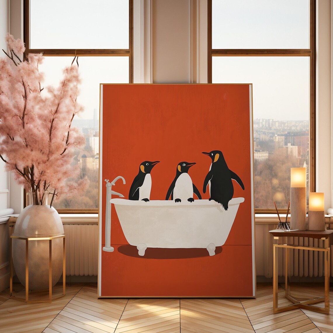 Penguins In Bathtub Funny King Penguin Bath Orange Bathroom Poster