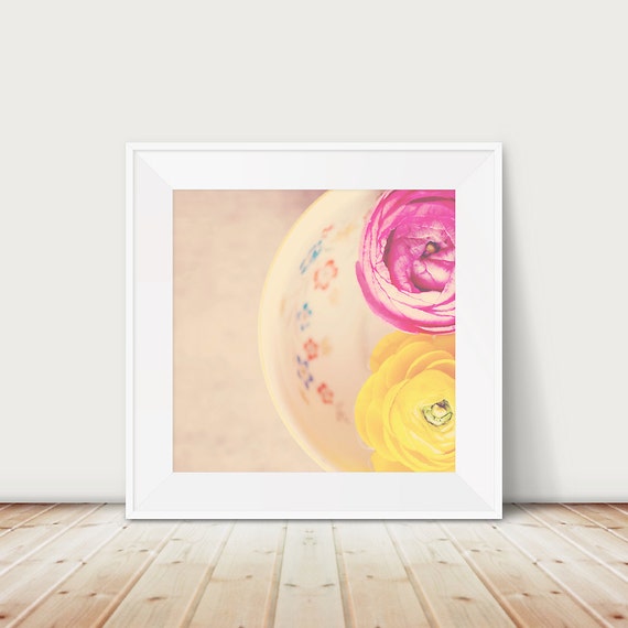 Ranunculus Flower Print Pink Yellow Floral Tea Cup Art