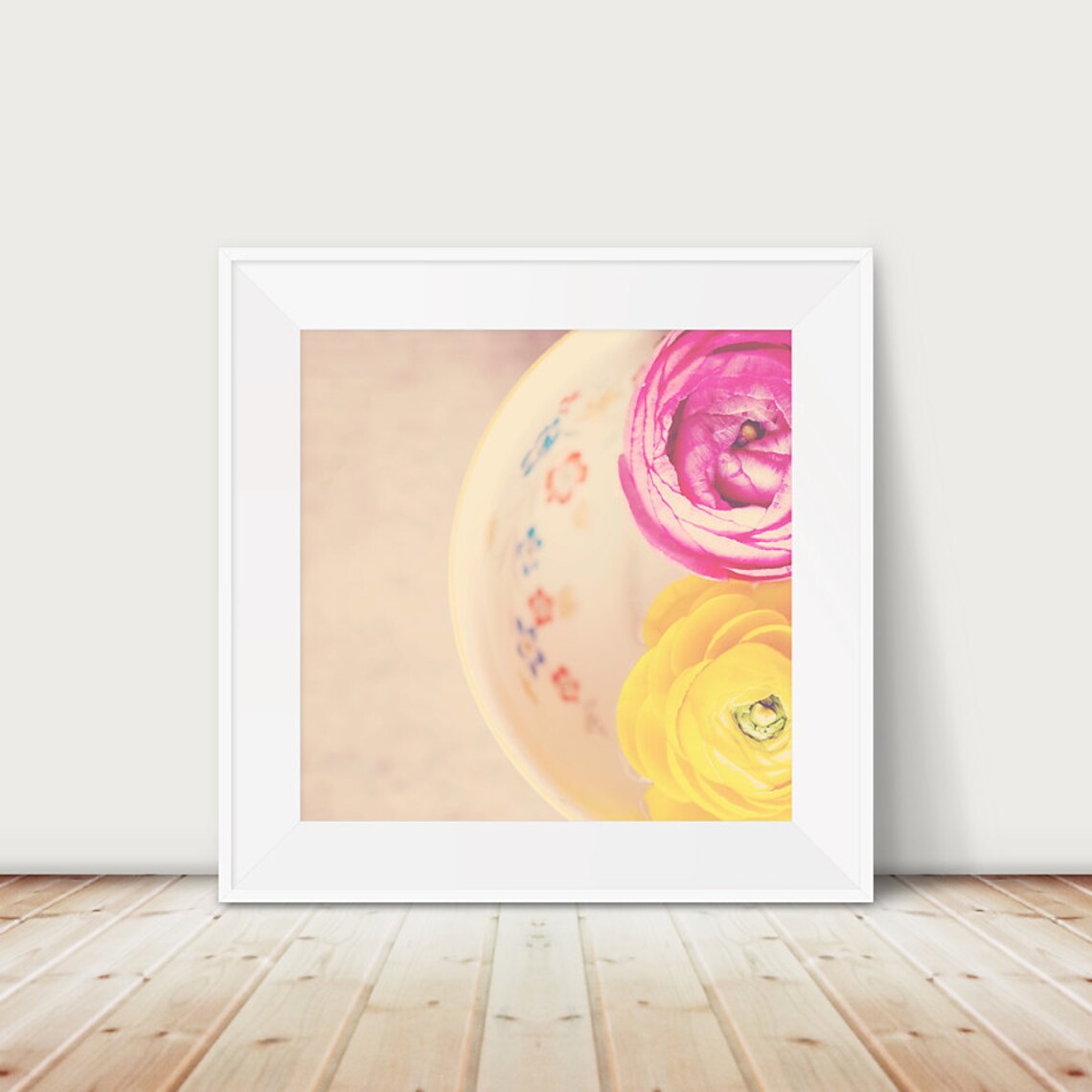 Pink Yellow Ranunculus Flowers Vintage Tea Cup Floral Art Poster