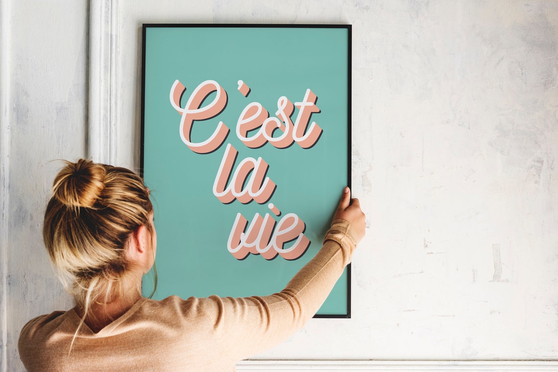 C'est La Vie Peach Script Typography Teal Retro French Poster - Image 2