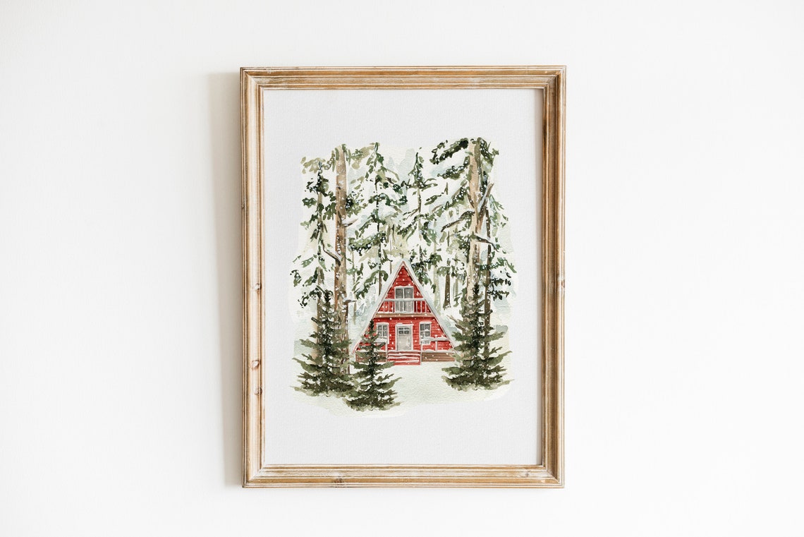 Red Cabin A Frame Snowy Pine Forest Watercolor Winter Woods Print - Image 3