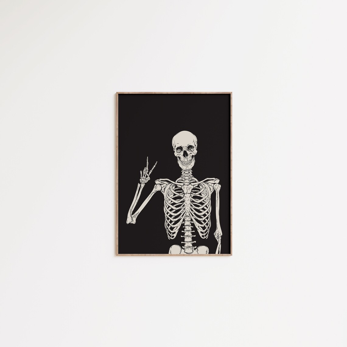 Skeleton Peace Sign Funny Halloween Minimalist Skull Black Background Wall Poster - Image 2