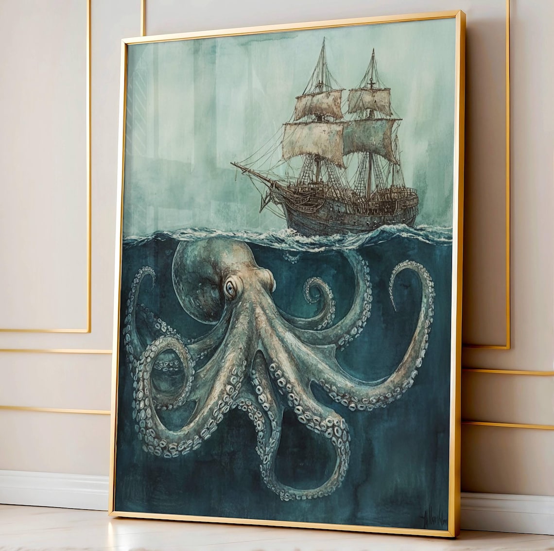 Vintage Ship Poster, Octopus and Ocean Maritime Print