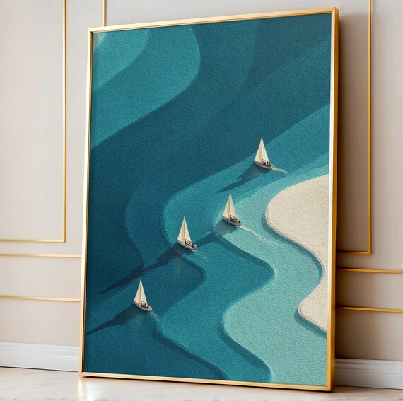 Yachting Wall Art Minimalist Sailing Poster Luxury Ocean Sports Decor Abstract Regatta Illustration Modern Blue Sea Print