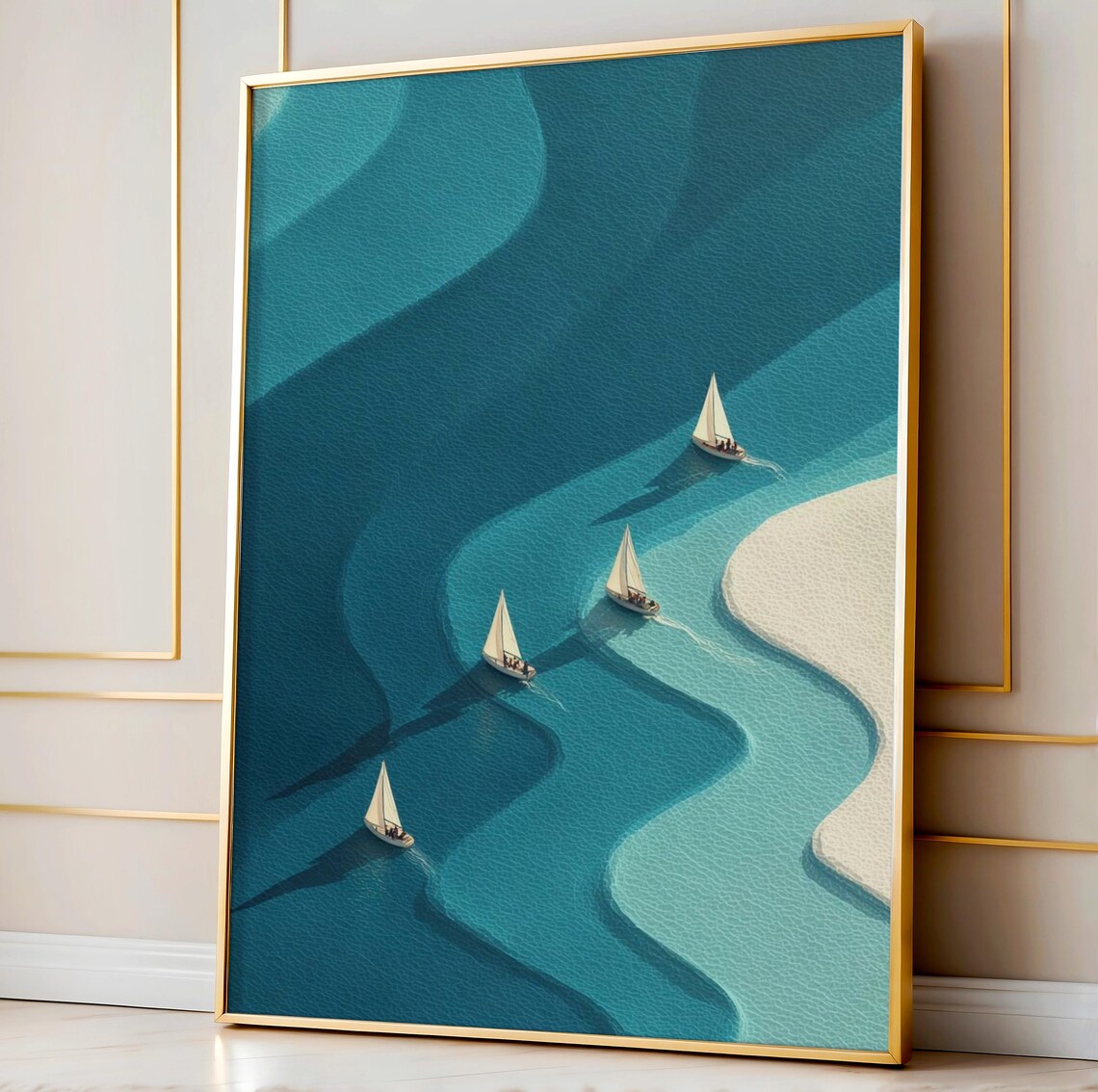 Sailboats on Teal Ocean Waves Minimalist Regatta Illustration Art Poster