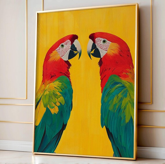 Parrot Wall Art Face To Birds Yellow Jungle Poster Bright Tropical Decor Preppy Illustration Print