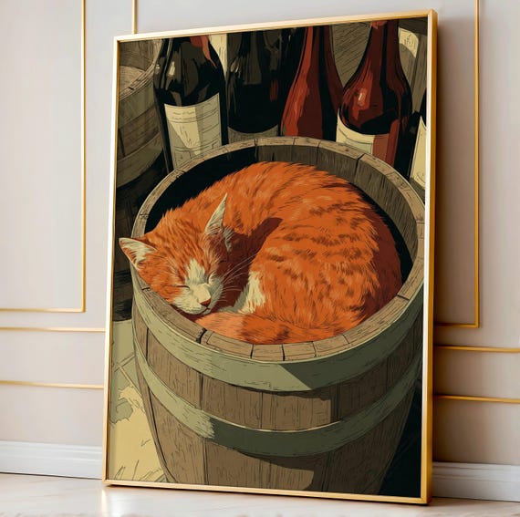 Cat In Wine Barrel Art Vintage Poster Retro Bar Decor Mid Century Illustration Cozy Wall Funny Print