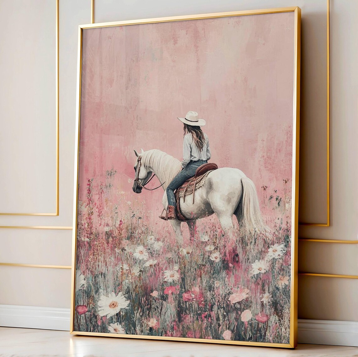 Cowgirl Riding White Horse Boho Floral Art Print