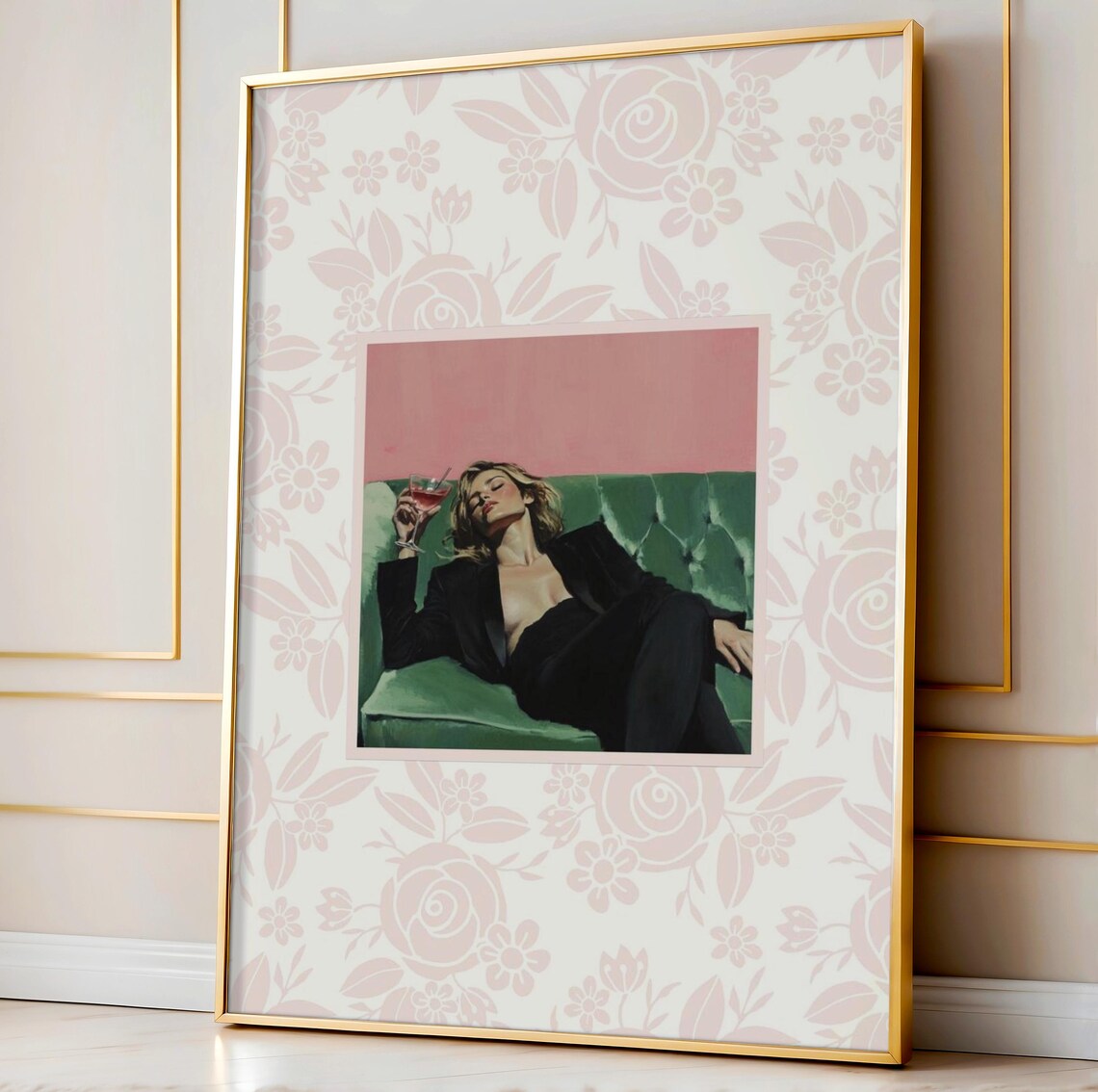Woman with Cocktail on Green Couch Floral Painting Wall Poster