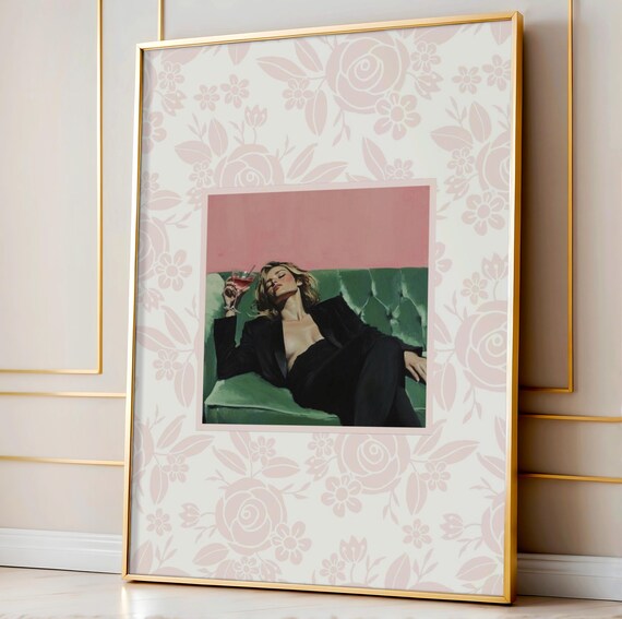 Woman with Cocktail on Green Couch Floral Painting Wall Poster